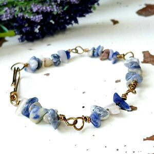 Sodalite Gemstone Bracelet, Crystal Bracelet, Bronze Jewelry, 8"